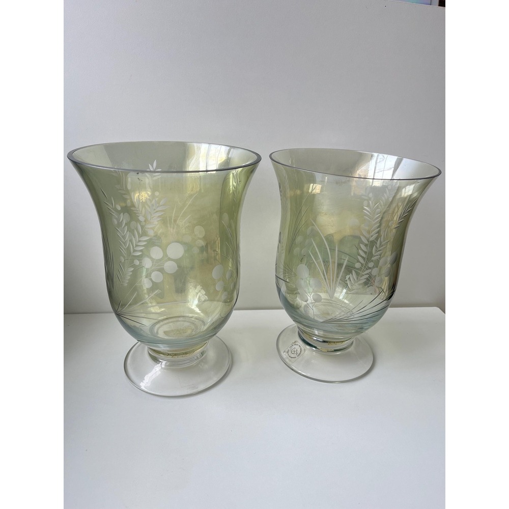 Lenox Pair Boxwood and Pine Green Luster Handcut Crystal Open Hurricane Vases 9"